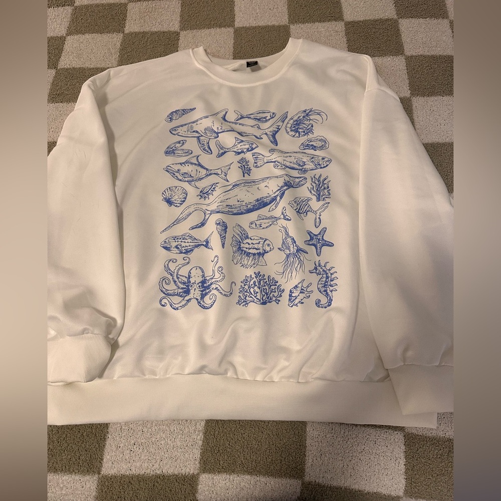 SHEIN White and Blue Marine Life Sweater